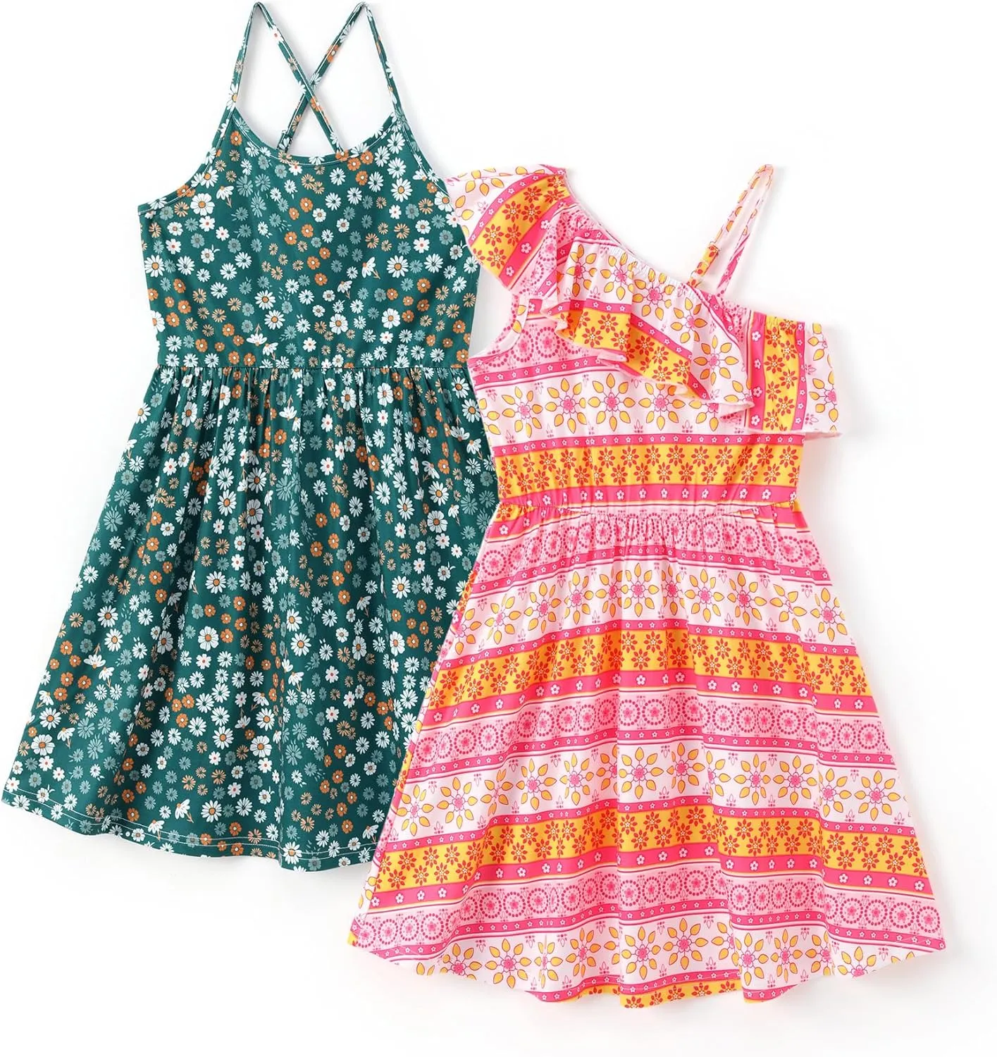 PATPAT Girls Summer Beach Dress Boho Hawaiian Floral One Shoulder Sundress Pack of 2 Size 3-10 Years