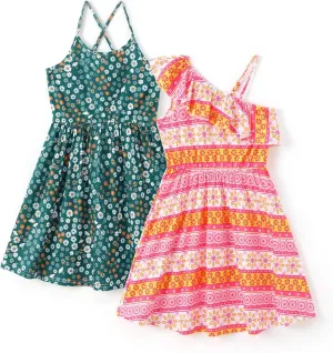 PATPAT Girls Summer Beach Dress Boho Hawaiian Floral One Shoulder Sundress Pack of 2 Size 3-10 Years