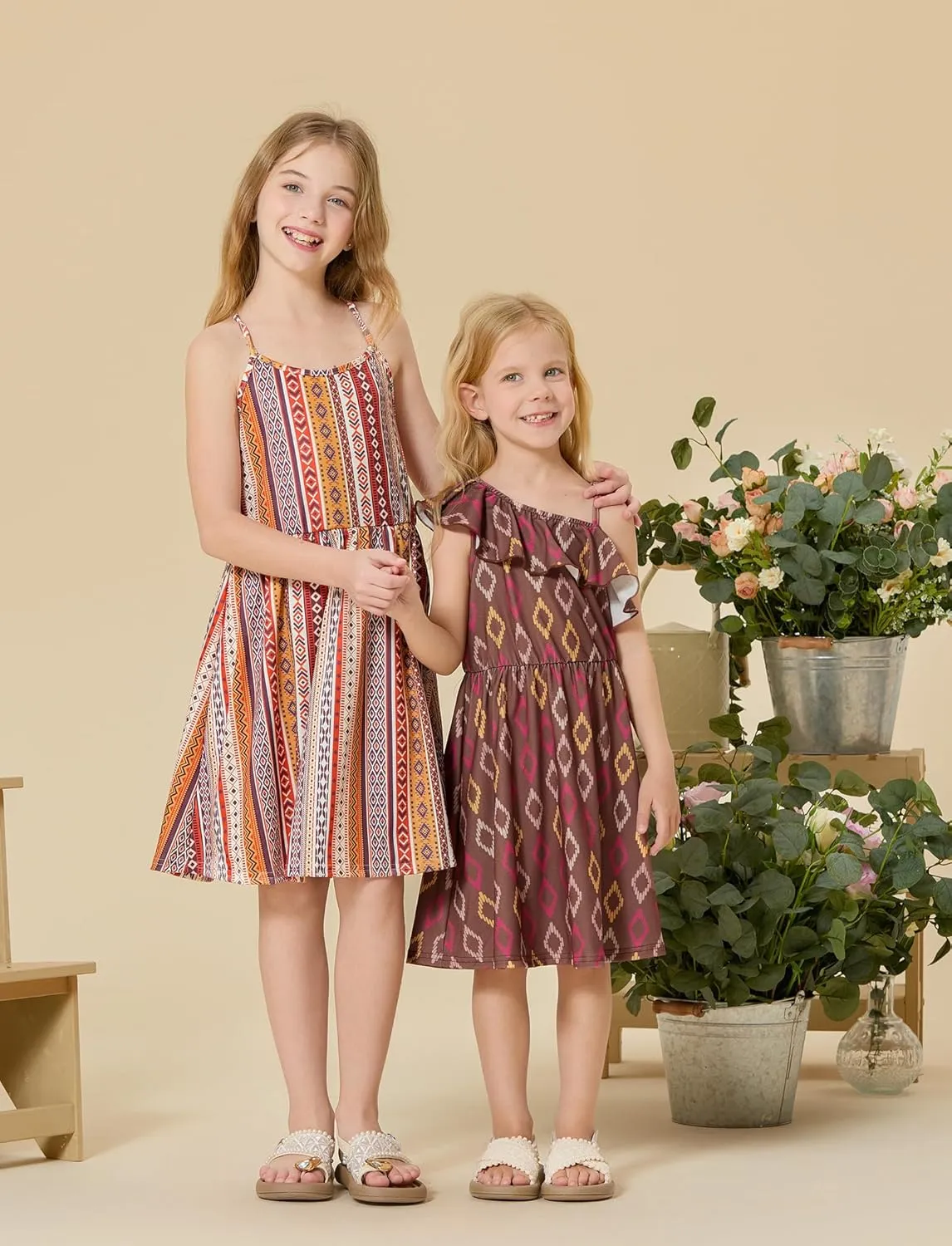 PATPAT Girls Summer Beach Dress Boho Hawaiian Floral One Shoulder Sundress Pack of 2 Size 3-10 Years
