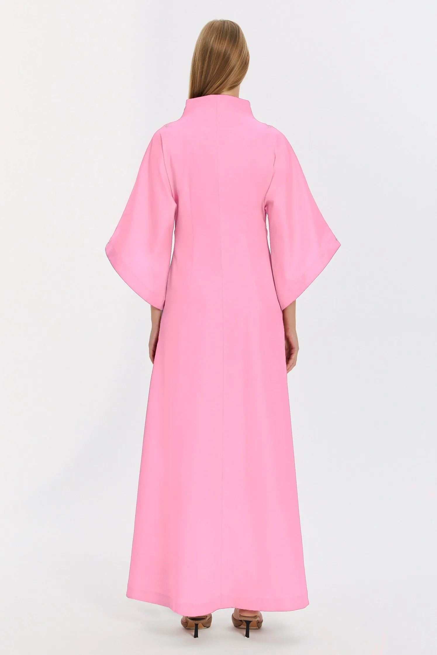 Pink Kimono Sleeve High Neck Asymmetrical Belted Futuristic Maxi Dress
