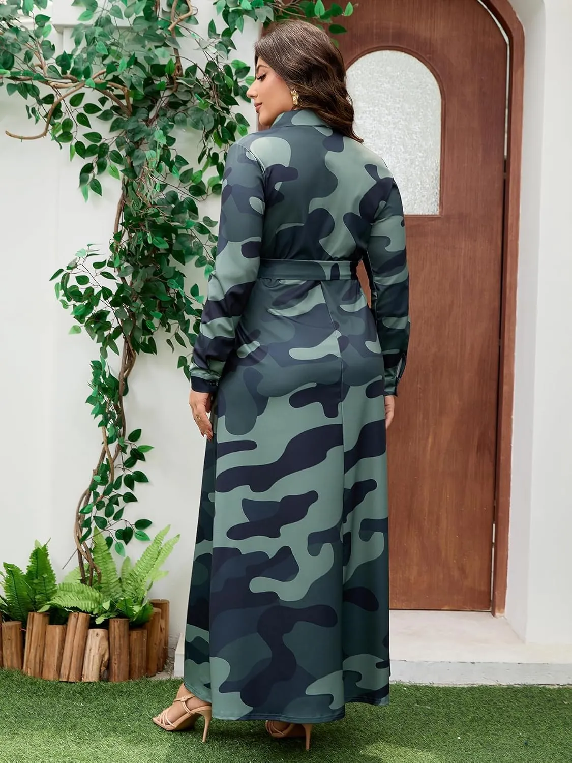 Plus Size Camo Maxi Dress for Women Stretchy V Neck Button Belt A-Line African Outfits with Pockets S-5XL