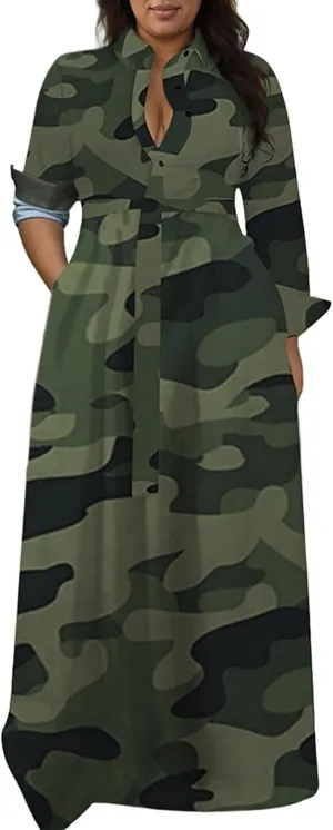 Plus Size Camo Maxi Dress for Women Stretchy V Neck Button Belt A-Line African Outfits with Pockets S-5XL