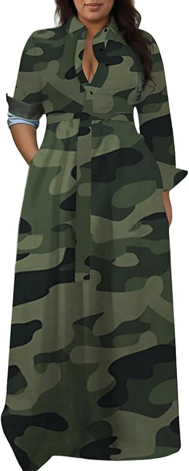 Plus Size Camo Maxi Dress for Women Stretchy V Neck Button Belt A-Line African Outfits with Pockets S-5XL