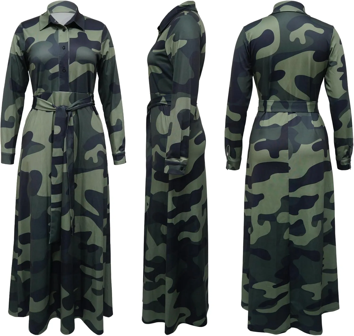 Plus Size Camo Maxi Dress for Women Stretchy V Neck Button Belt A-Line African Outfits with Pockets S-5XL