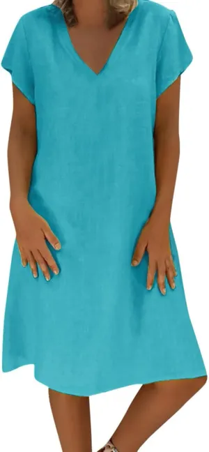 Plus Size Cotton Linen Dresses for Women 2024 Trendy, Summer Casual V-Neck Solid Short Sleeve Loose Beach Midi Dress Women Dresses Summer Casual Women Floral Dresses Blue