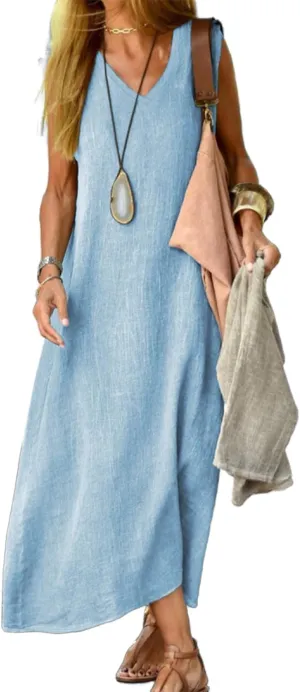 Plus Size Linen Dress for Women Summer Sleeveless Tank Dress Caual Long Flowy Dress Beach Sundresses