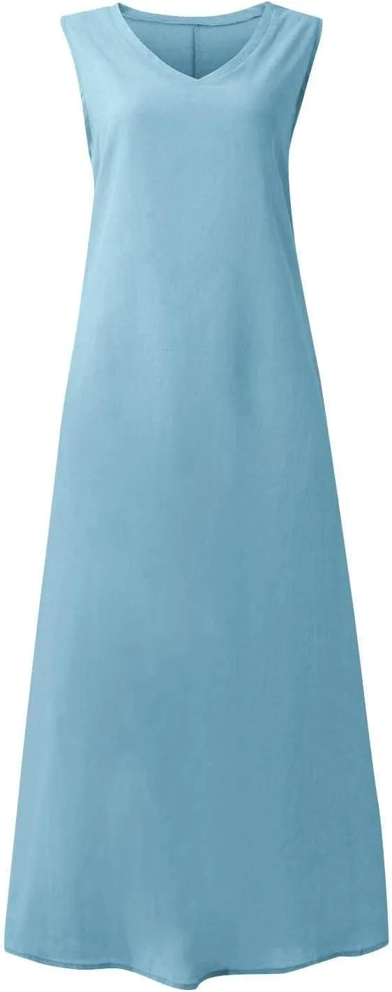 Plus Size Linen Dress for Women Summer Sleeveless Tank Dress Caual Long Flowy Dress Beach Sundresses