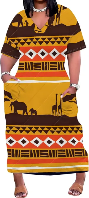 Plus Size Printed Tie-Dye Maxi Dress for Curvy Women V-Neck African Ethnic Style Dress Short Sleeves with Pockets