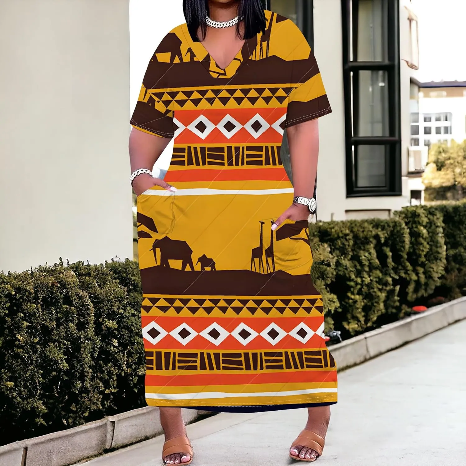 Plus Size Printed Tie-Dye Maxi Dress for Curvy Women V-Neck African Ethnic Style Dress Short Sleeves with Pockets