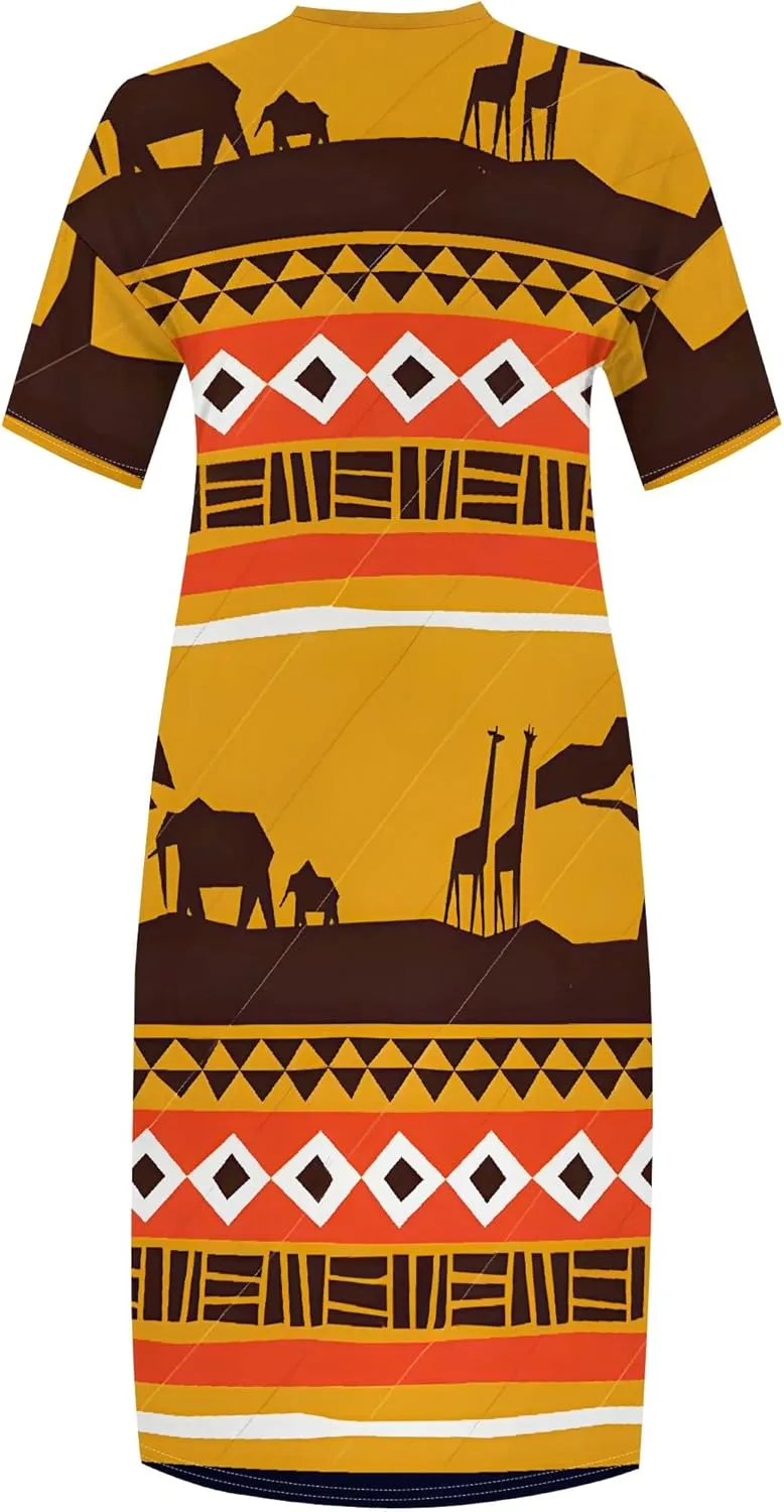 Plus Size Printed Tie-Dye Maxi Dress for Curvy Women V-Neck African Ethnic Style Dress Short Sleeves with Pockets