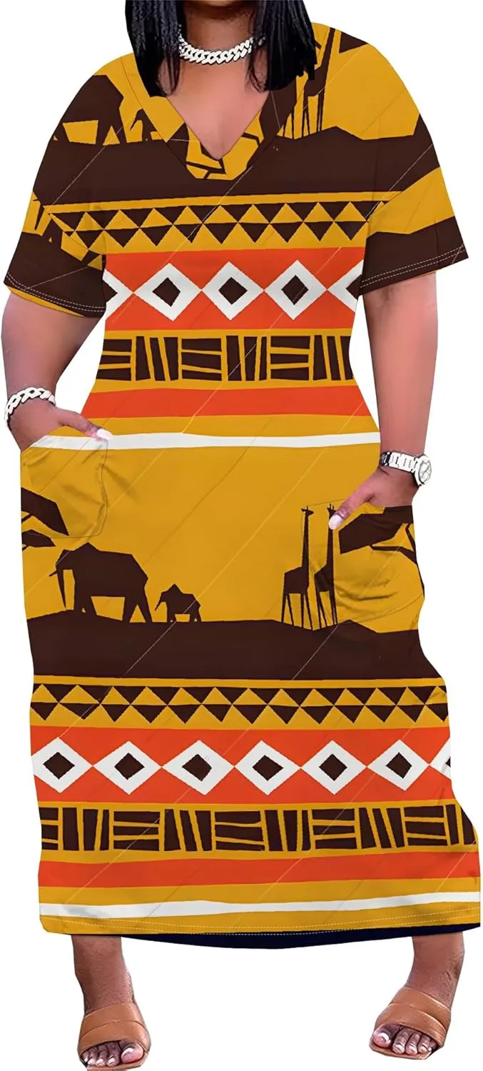 Plus Size Printed Tie-Dye Maxi Dress for Curvy Women V-Neck African Ethnic Style Dress Short Sleeves with Pockets