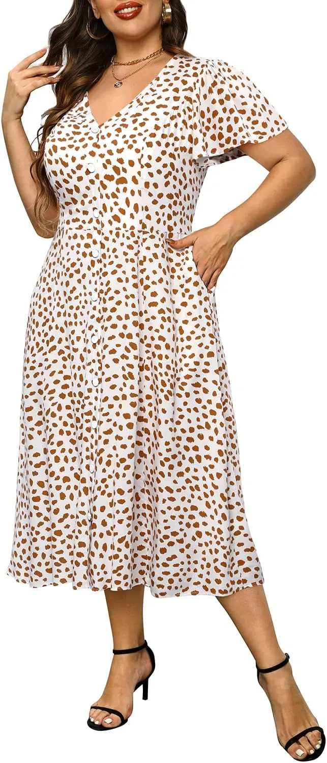 Plus Size Summer Dresses - Casual Work Boho Button Front Floral Midi Dress with Pockets