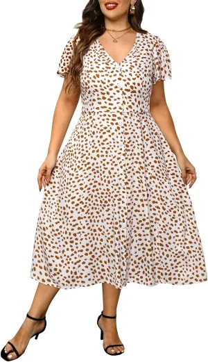 Plus Size Summer Dresses - Casual Work Boho Button Front Floral Midi Dress with Pockets