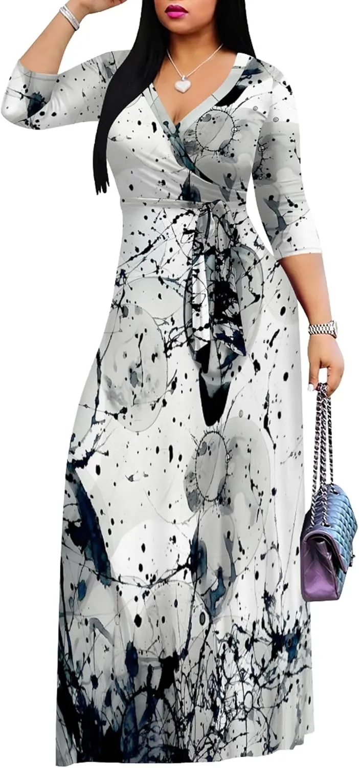 Plus Size Women's Maxi Dress Colorful Printed Maxi Dress African Tribal Style Autumn Casual Dress V Neck 3/4 Sleeves