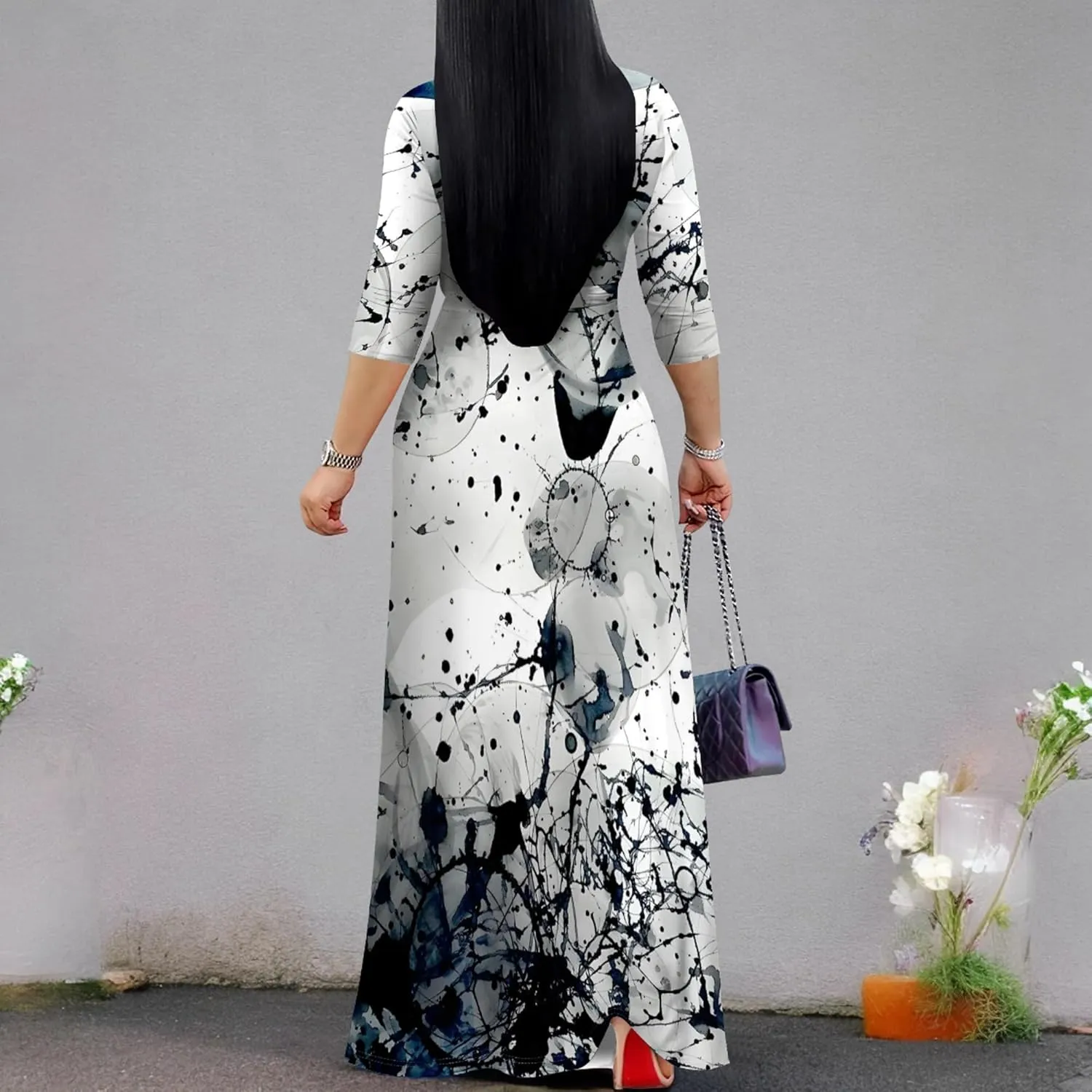 Plus Size Women's Maxi Dress Colorful Printed Maxi Dress African Tribal Style Autumn Casual Dress V Neck 3/4 Sleeves