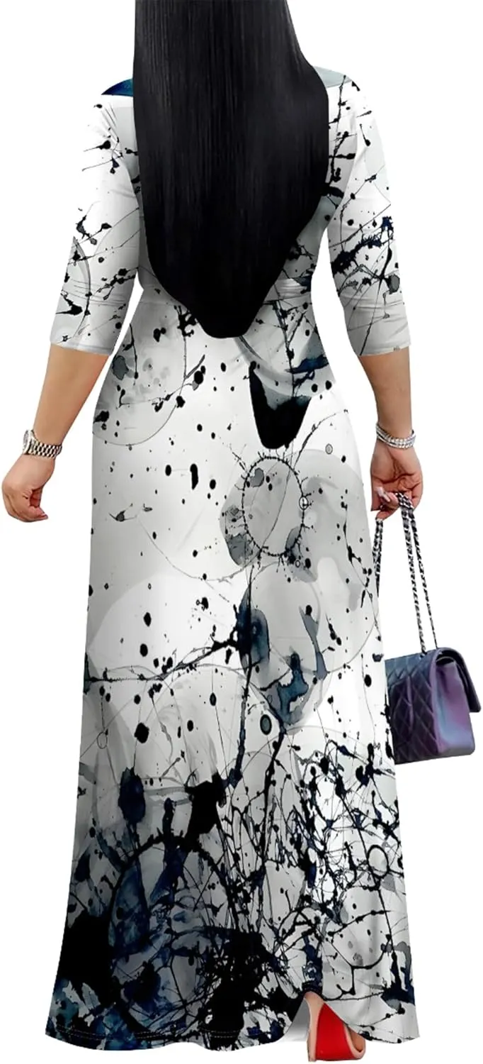 Plus Size Women's Maxi Dress Colorful Printed Maxi Dress African Tribal Style Autumn Casual Dress V Neck 3/4 Sleeves