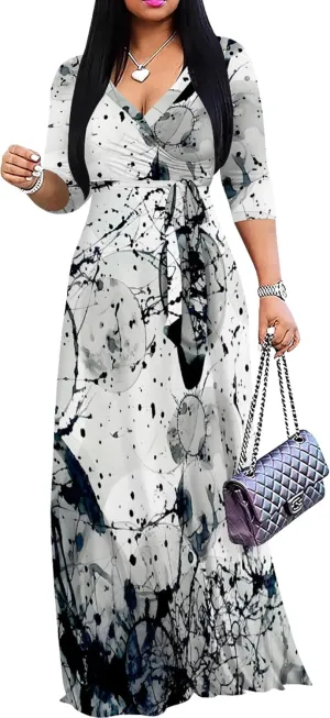 Plus Size Women's Maxi Dress Colorful Printed Maxi Dress African Tribal Style Autumn Casual Dress V Neck 3/4 Sleeves