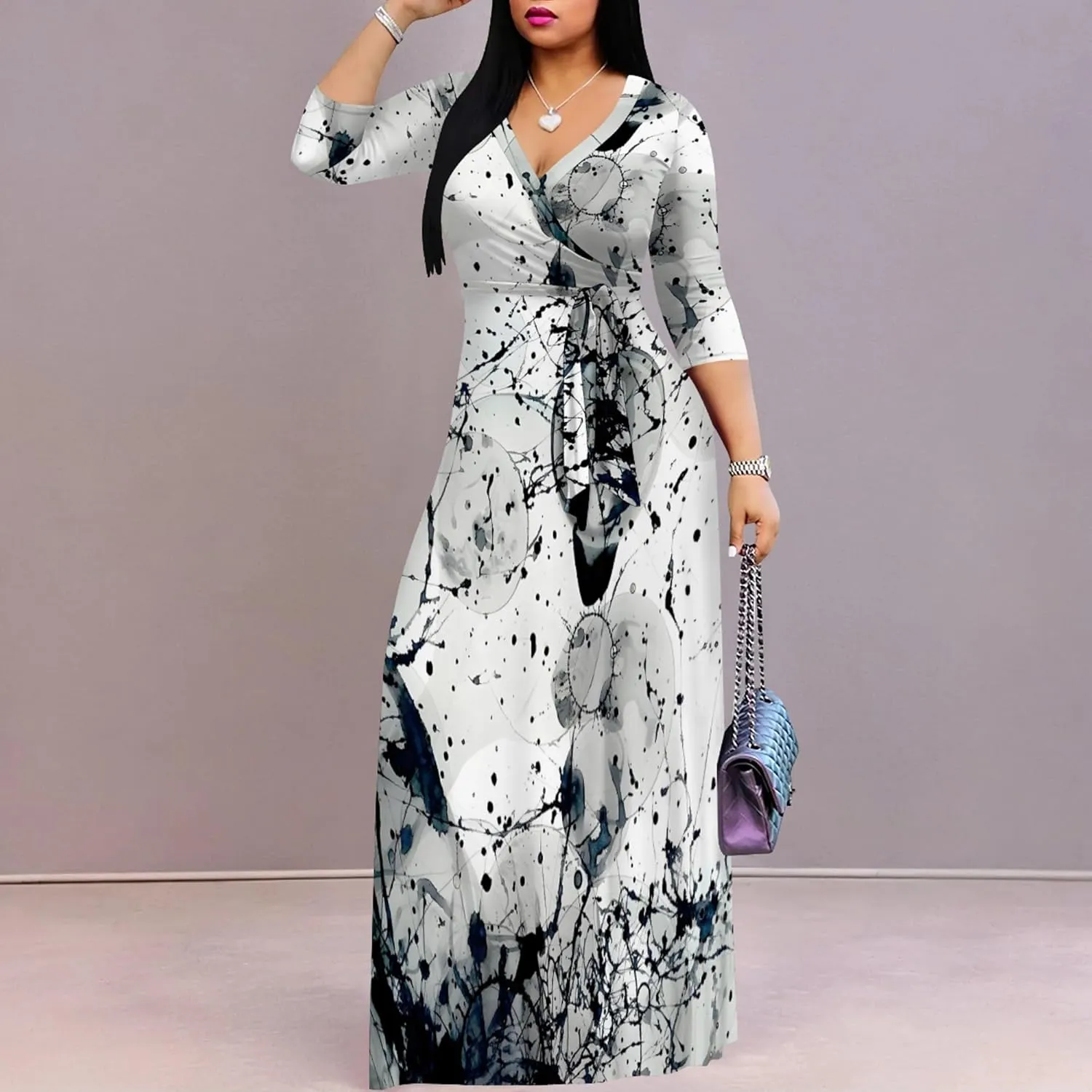 Plus Size Women's Maxi Dress Colorful Printed Maxi Dress African Tribal Style Autumn Casual Dress V Neck 3/4 Sleeves