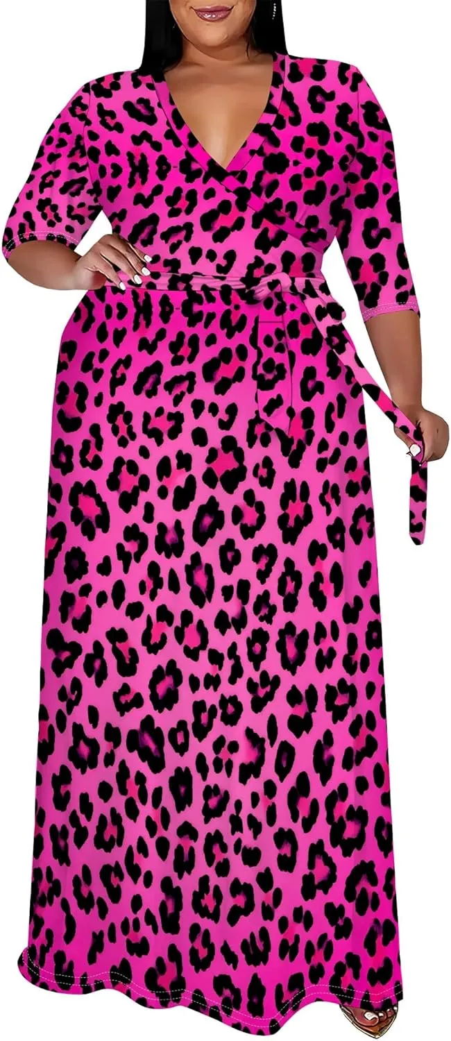 Plus Size Women's Summer Dress Ombre Long Flowy 3/4 Sleeves with Belt V Neck Floral Print Long Dress for Women