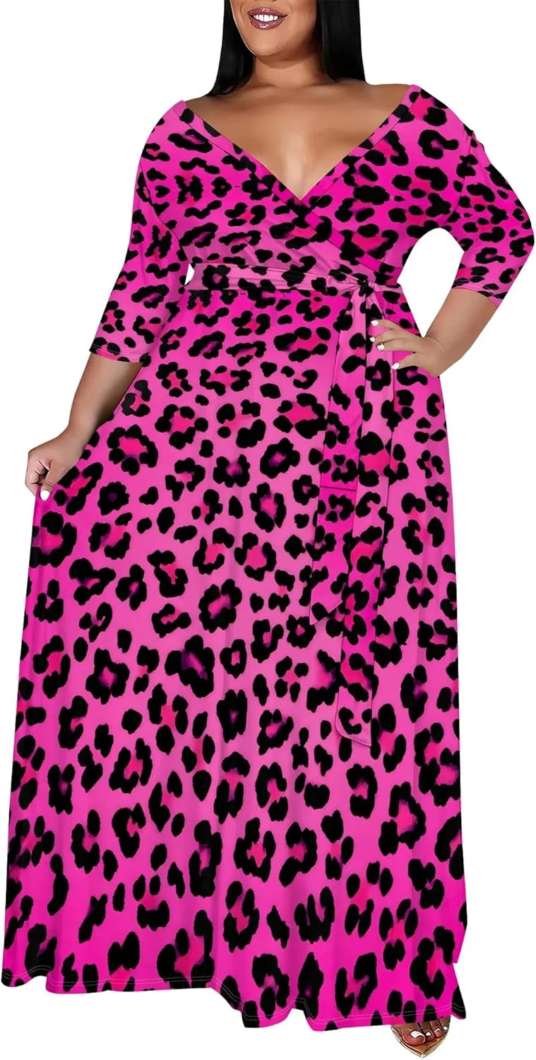 Plus Size Women's Summer Dress Ombre Long Flowy 3/4 Sleeves with Belt V Neck Floral Print Long Dress for Women
