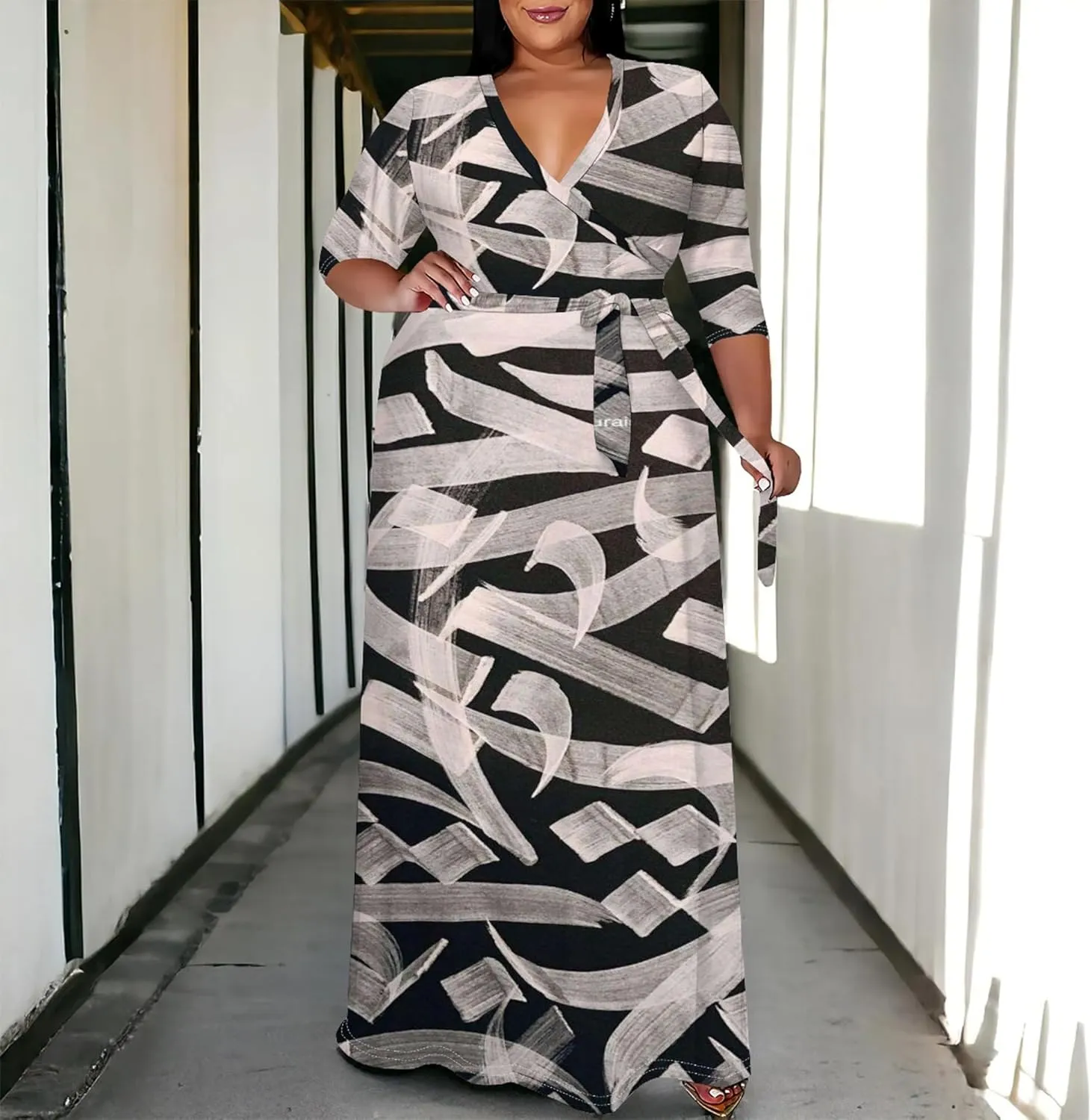 Plus Size Women's Summer Dress Ombre Long Flowy 3/4 Sleeves with Belt V Neck Floral Print Long Dress for Women