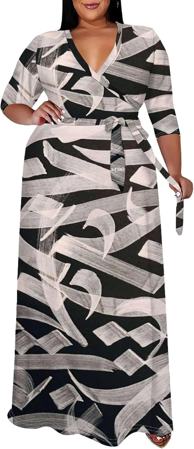 Plus Size Women's Summer Dress Ombre Long Flowy 3/4 Sleeves with Belt V Neck Floral Print Long Dress for Women