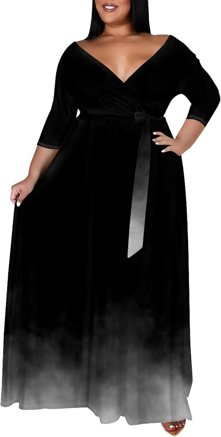 Plus Size Women's Summer Dress Ombre Long Flowy 3/4 Sleeves with Belt V Neck Floral Print Long Dress for Women