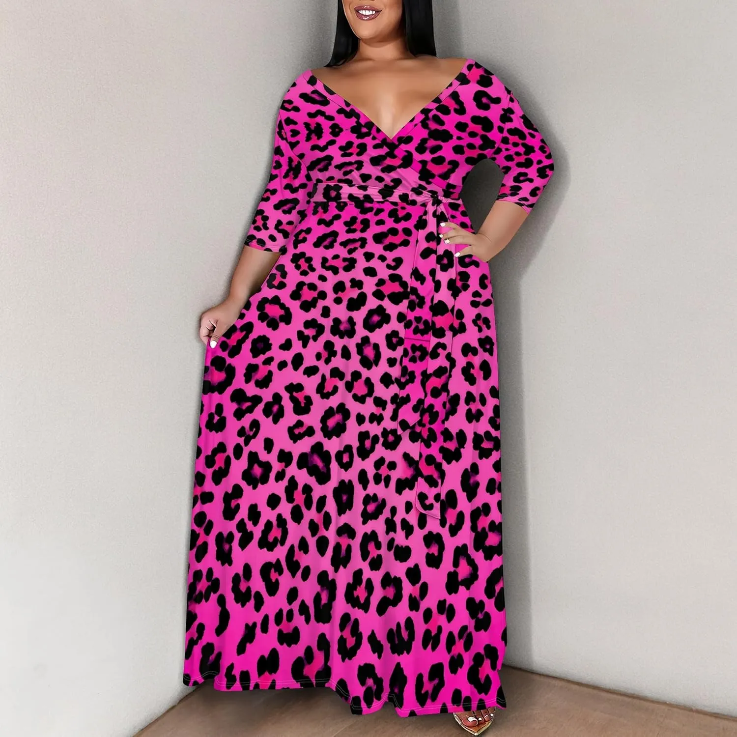 Plus Size Women's Summer Dress Ombre Long Flowy 3/4 Sleeves with Belt V Neck Floral Print Long Dress for Women
