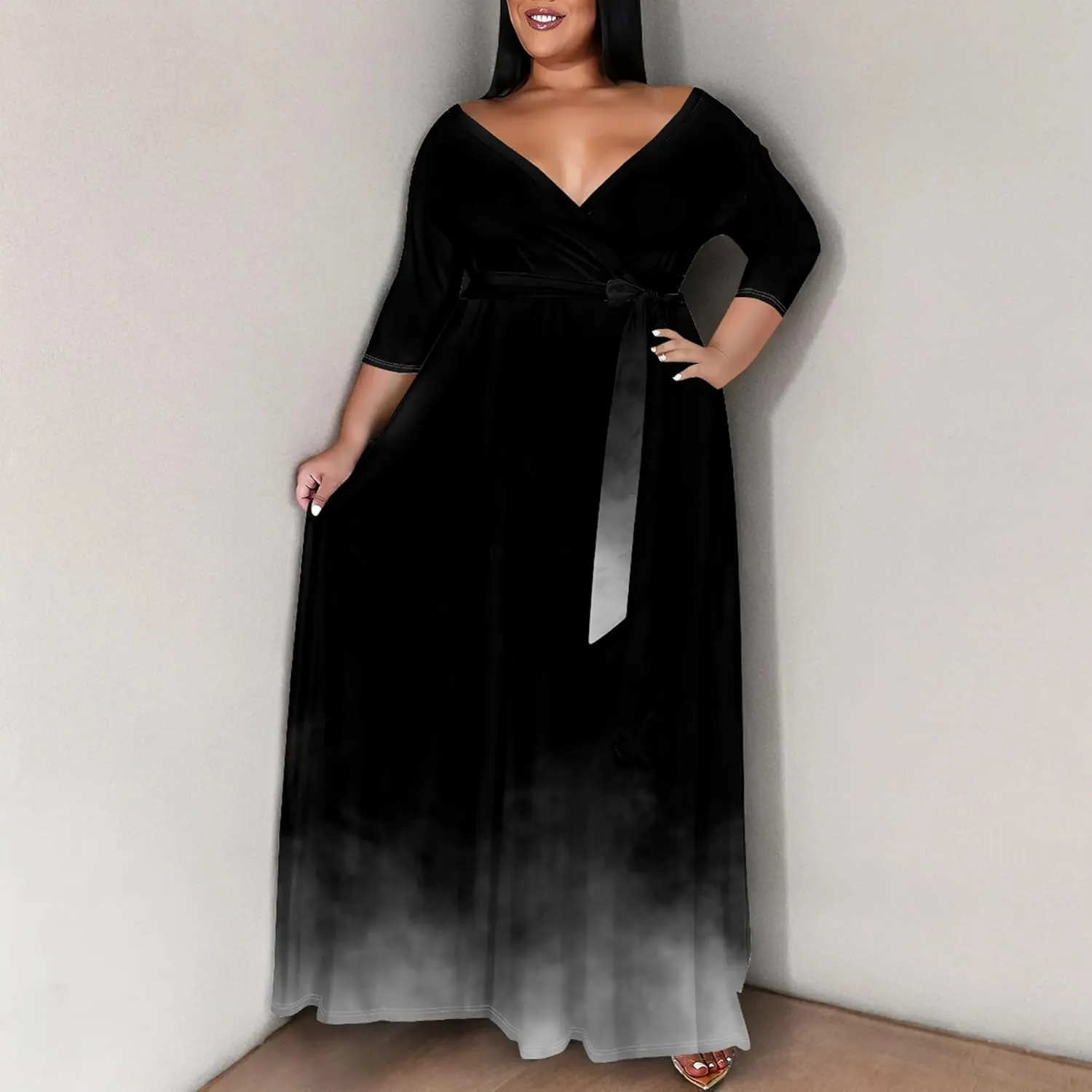 Plus Size Women's Summer Dress Ombre Long Flowy 3/4 Sleeves with Belt V Neck Floral Print Long Dress for Women