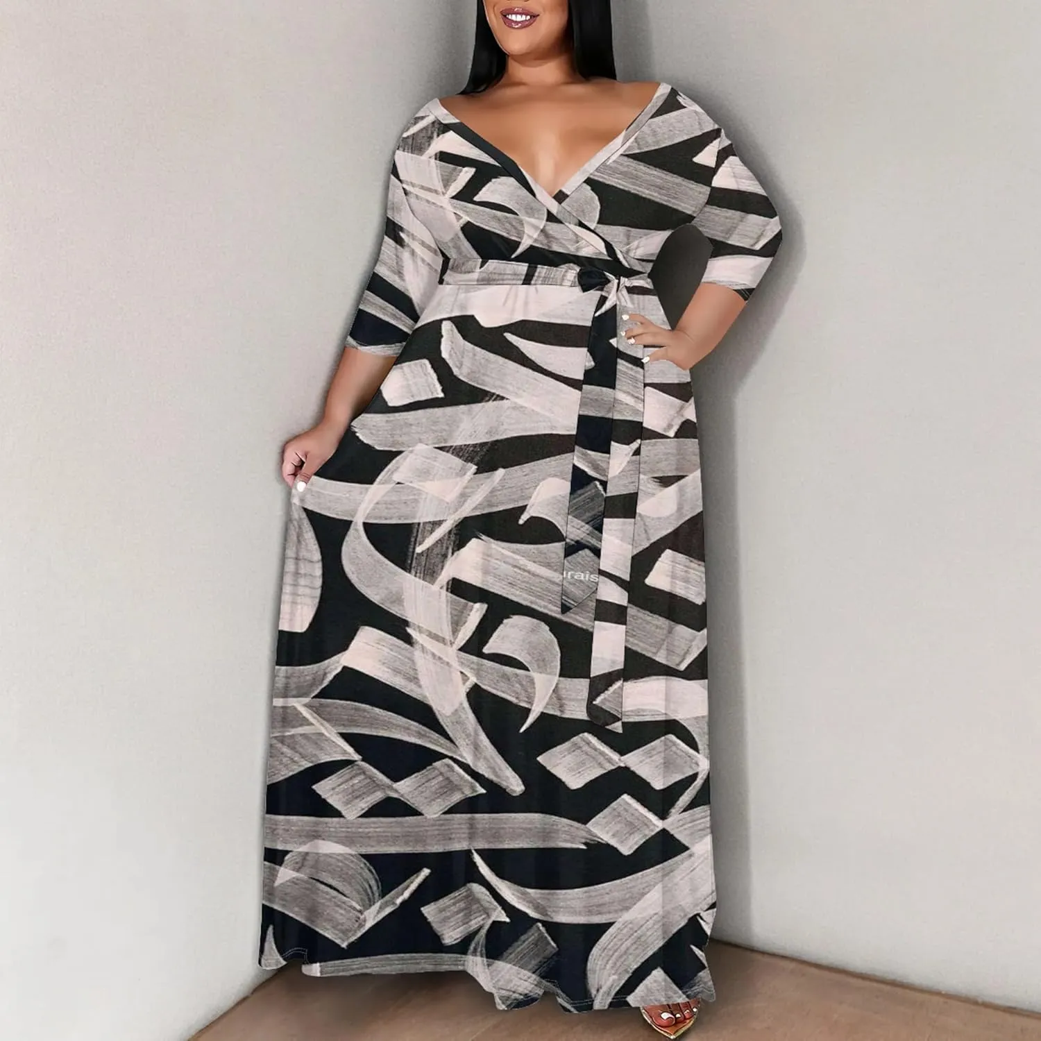 Plus Size Women's Summer Dress Ombre Long Flowy 3/4 Sleeves with Belt V Neck Floral Print Long Dress for Women