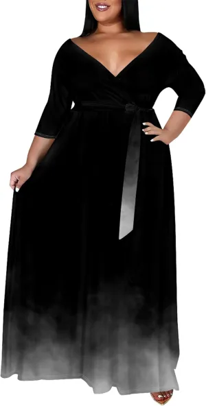 Plus Size Women's Summer Dress Ombre Long Flowy 3/4 Sleeves with Belt V Neck Floral Print Long Dress for Women