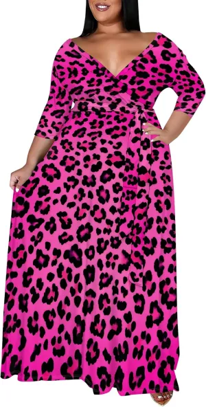 Plus Size Women's Summer Dress Ombre Long Flowy 3/4 Sleeves with Belt V Neck Floral Print Long Dress for Women