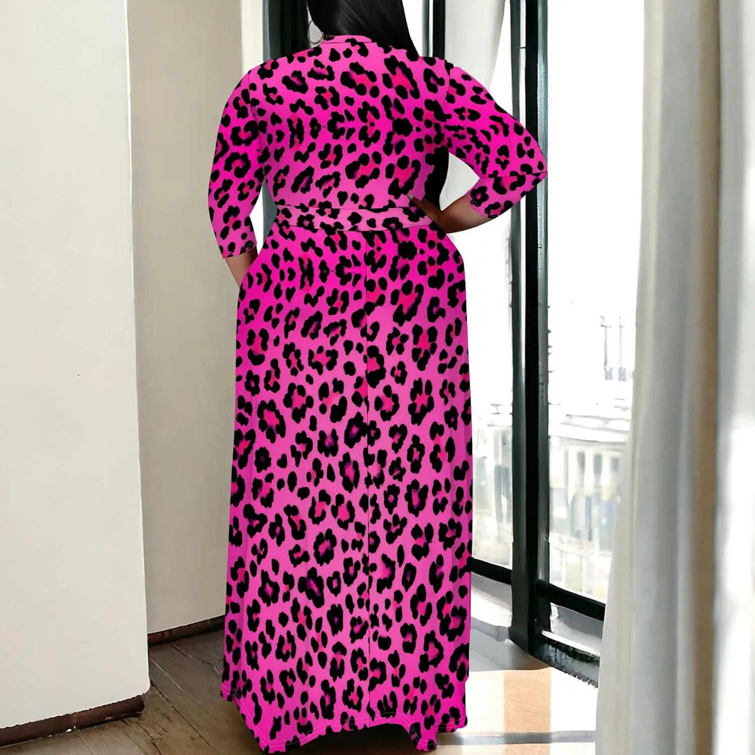 Plus Size Women's Summer Dress Ombre Long Flowy 3/4 Sleeves with Belt V Neck Floral Print Long Dress for Women