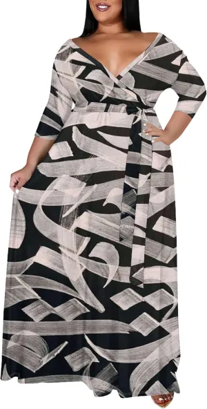 Plus Size Women's Summer Dress Ombre Long Flowy 3/4 Sleeves with Belt V Neck Floral Print Long Dress for Women