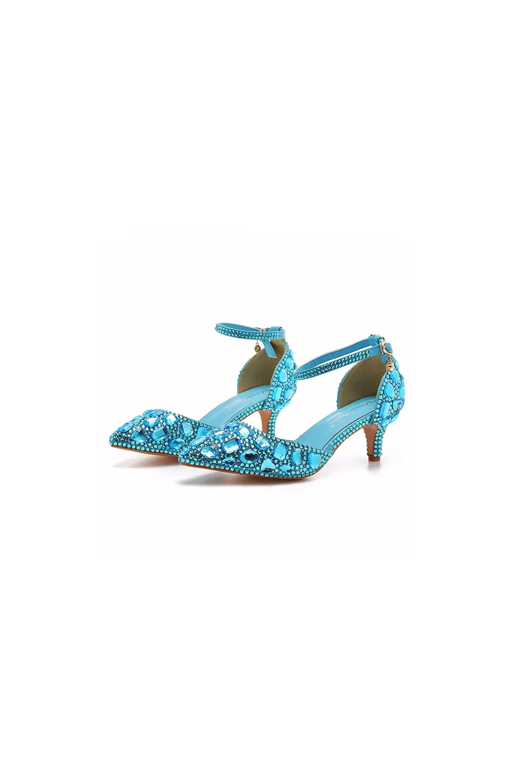 Pointed Toe Crystal Diamond  Ankle Strap Kitten Heels