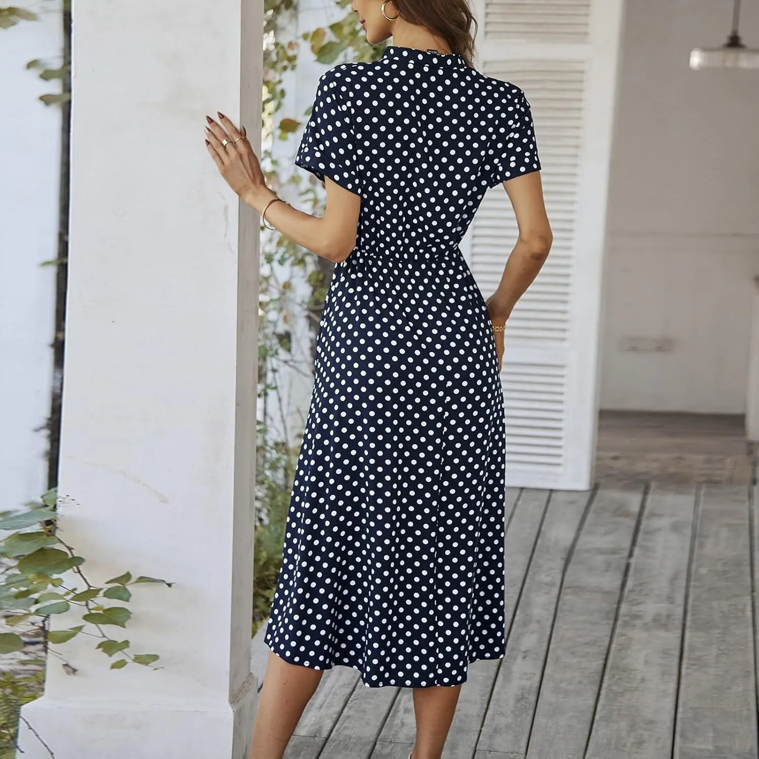Polka Dot Dress for Women Midi Button Down Dress Short Sleeve V Neck Tie Empire Waist Wedding Guest Dresses Elegant Frocks