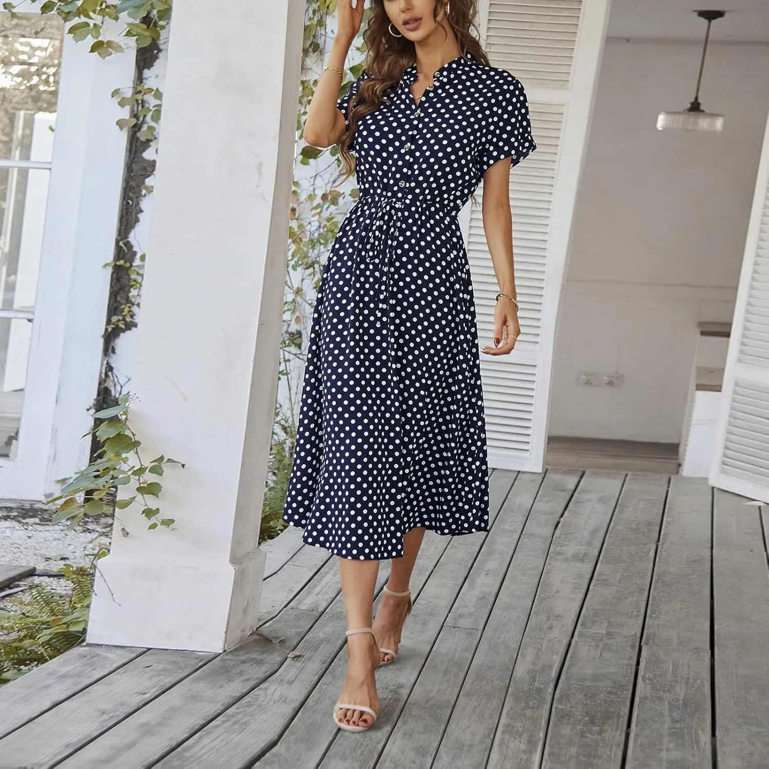 Polka Dot Dress for Women Midi Button Down Dress Short Sleeve V Neck Tie Empire Waist Wedding Guest Dresses Elegant Frocks