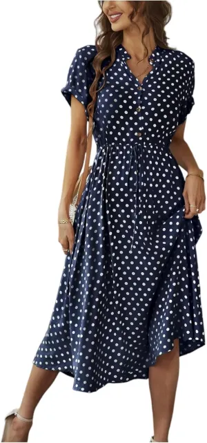 Polka Dot Dress for Women Midi Button Down Dress Short Sleeve V Neck Tie Empire Waist Wedding Guest Dresses Elegant Frocks