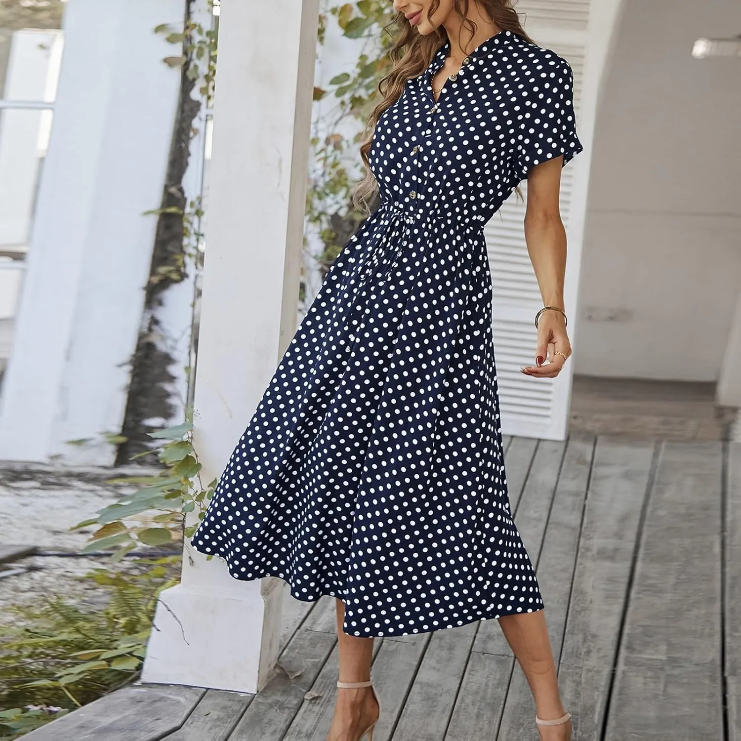 Polka Dot Dress for Women Midi Button Down Dress Short Sleeve V Neck Tie Empire Waist Wedding Guest Dresses Elegant Frocks