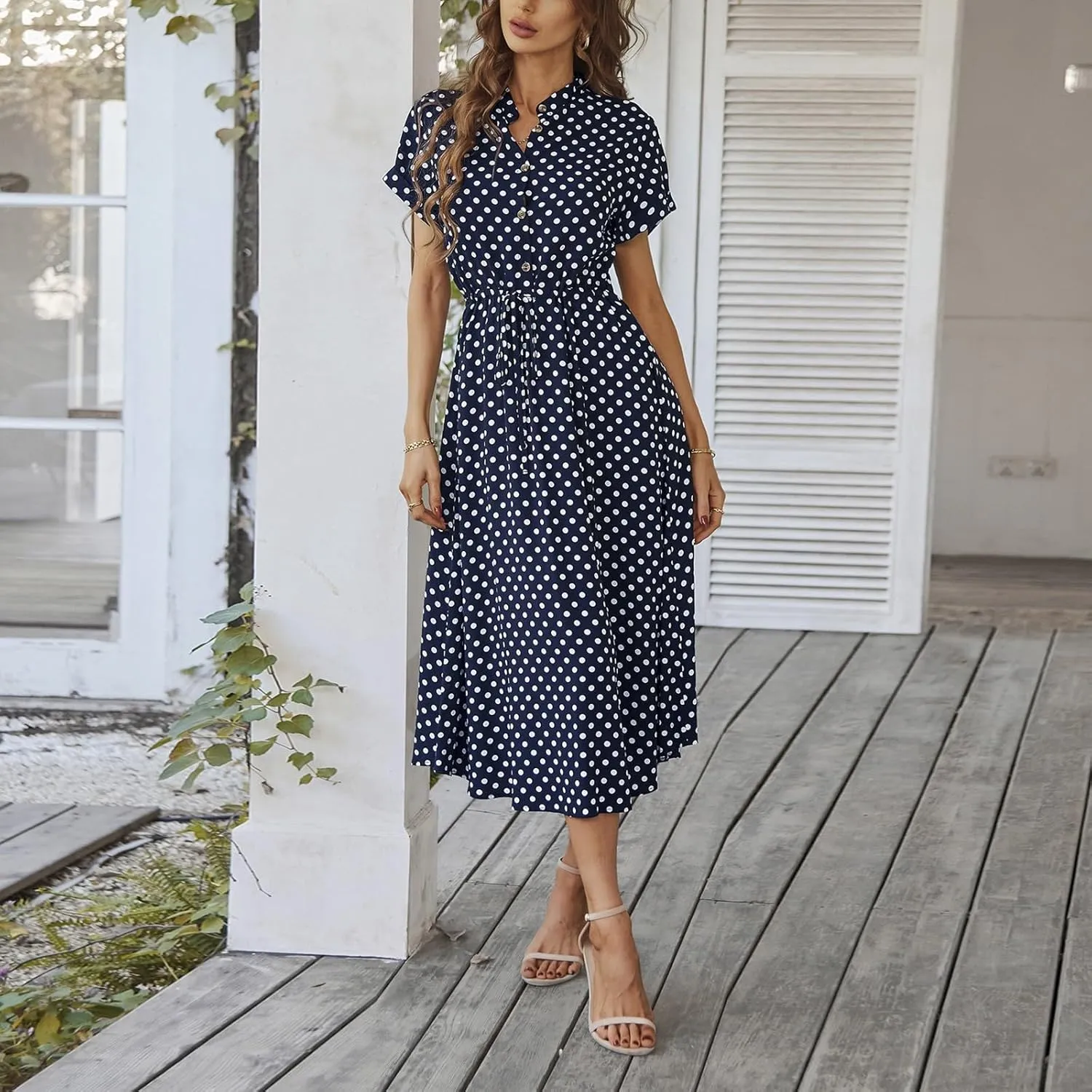 Polka Dot Dress for Women Midi Button Down Dress Short Sleeve V Neck Tie Empire Waist Wedding Guest Dresses Elegant Frocks