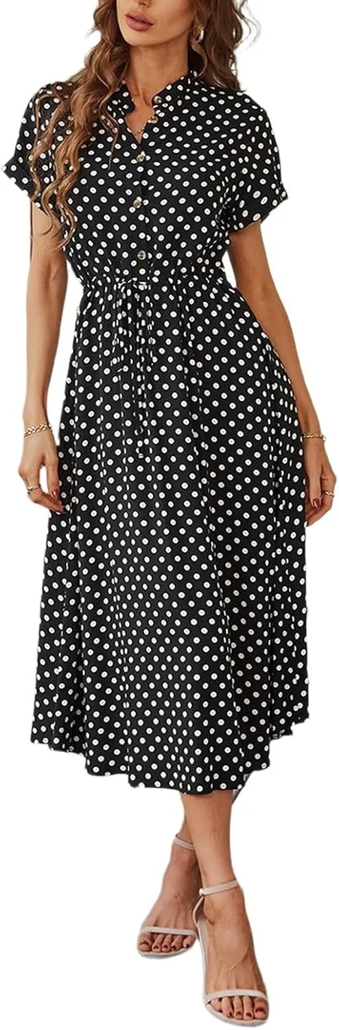 Polka Dot Dress for Women Midi Button Down Dress Short Sleeve V Neck Tie Empire Waist Wedding Guest Dresses Elegant Frocks