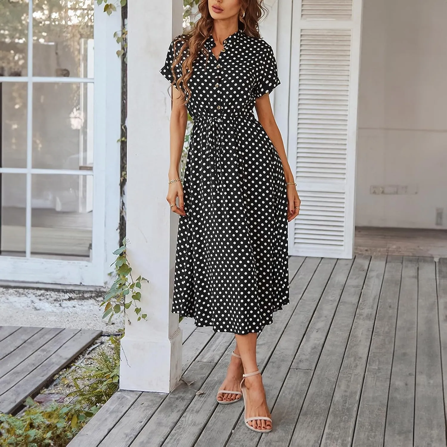 Polka Dot Dress for Women Midi Button Down Dress Short Sleeve V Neck Tie Empire Waist Wedding Guest Dresses Elegant Frocks