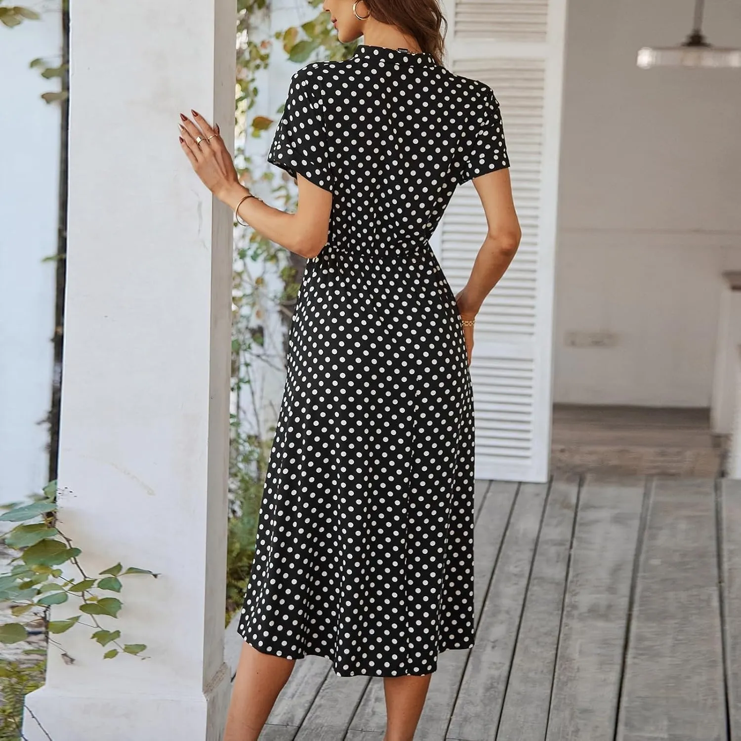 Polka Dot Dress for Women Midi Button Down Dress Short Sleeve V Neck Tie Empire Waist Wedding Guest Dresses Elegant Frocks