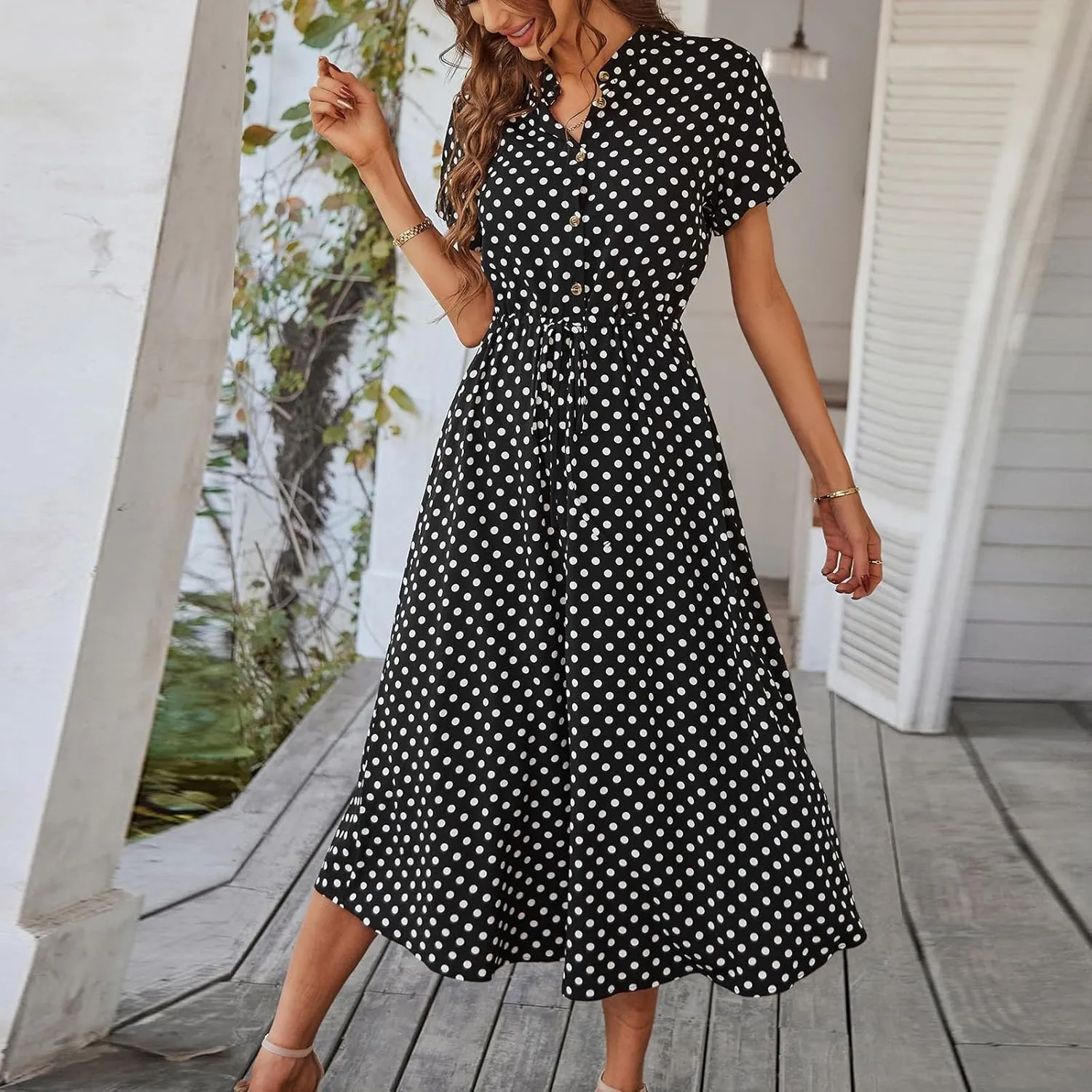 Polka Dot Dress for Women Midi Button Down Dress Short Sleeve V Neck Tie Empire Waist Wedding Guest Dresses Elegant Frocks