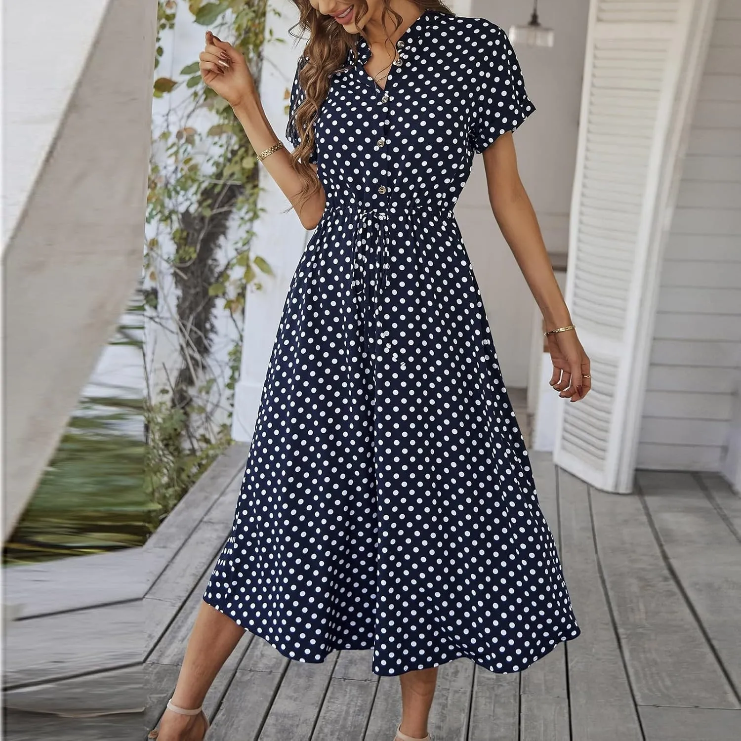 Polka Dot Dress for Women Midi Button Down Dress Short Sleeve V Neck Tie Empire Waist Wedding Guest Dresses Elegant Frocks