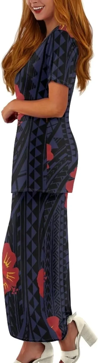 Polynesian Puletasi Samoa Womens Long Maxi Skirt Set 2 Piece Outfits Short Sleeve Top Elastic Waist Skirt Set