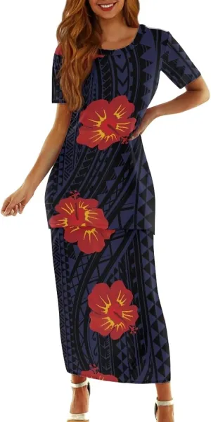 Polynesian Puletasi Samoa Womens Long Maxi Skirt Set 2 Piece Outfits Short Sleeve Top Elastic Waist Skirt Set