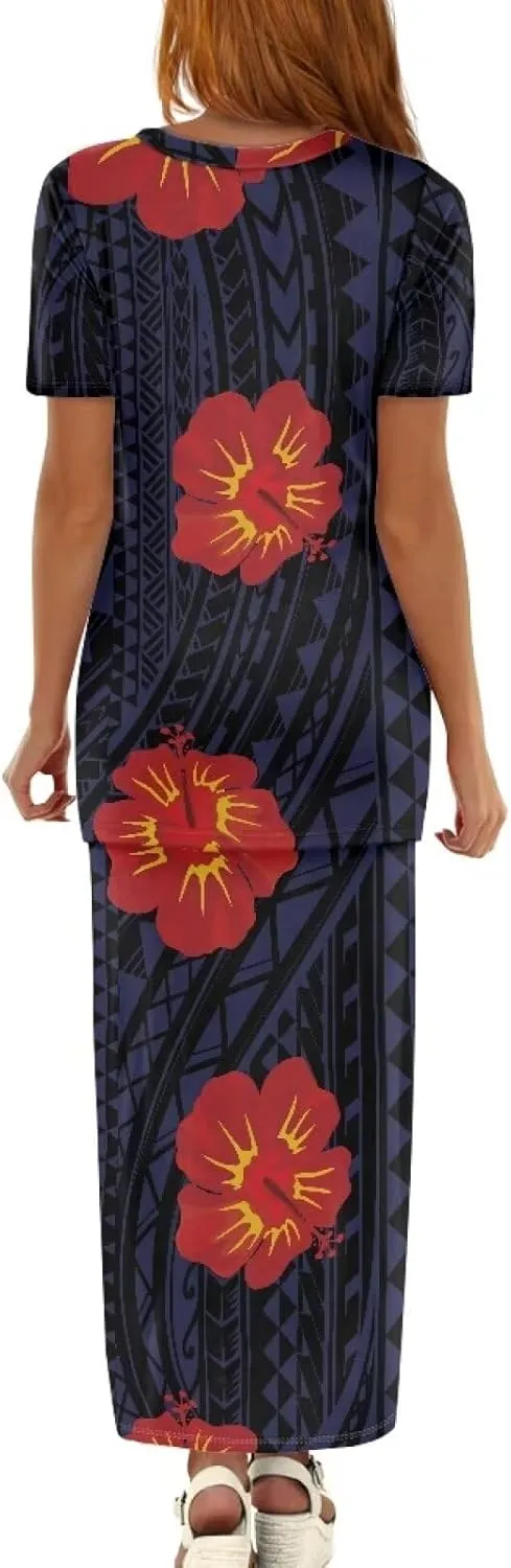 Polynesian Puletasi Samoa Womens Long Maxi Skirt Set 2 Piece Outfits Short Sleeve Top Elastic Waist Skirt Set