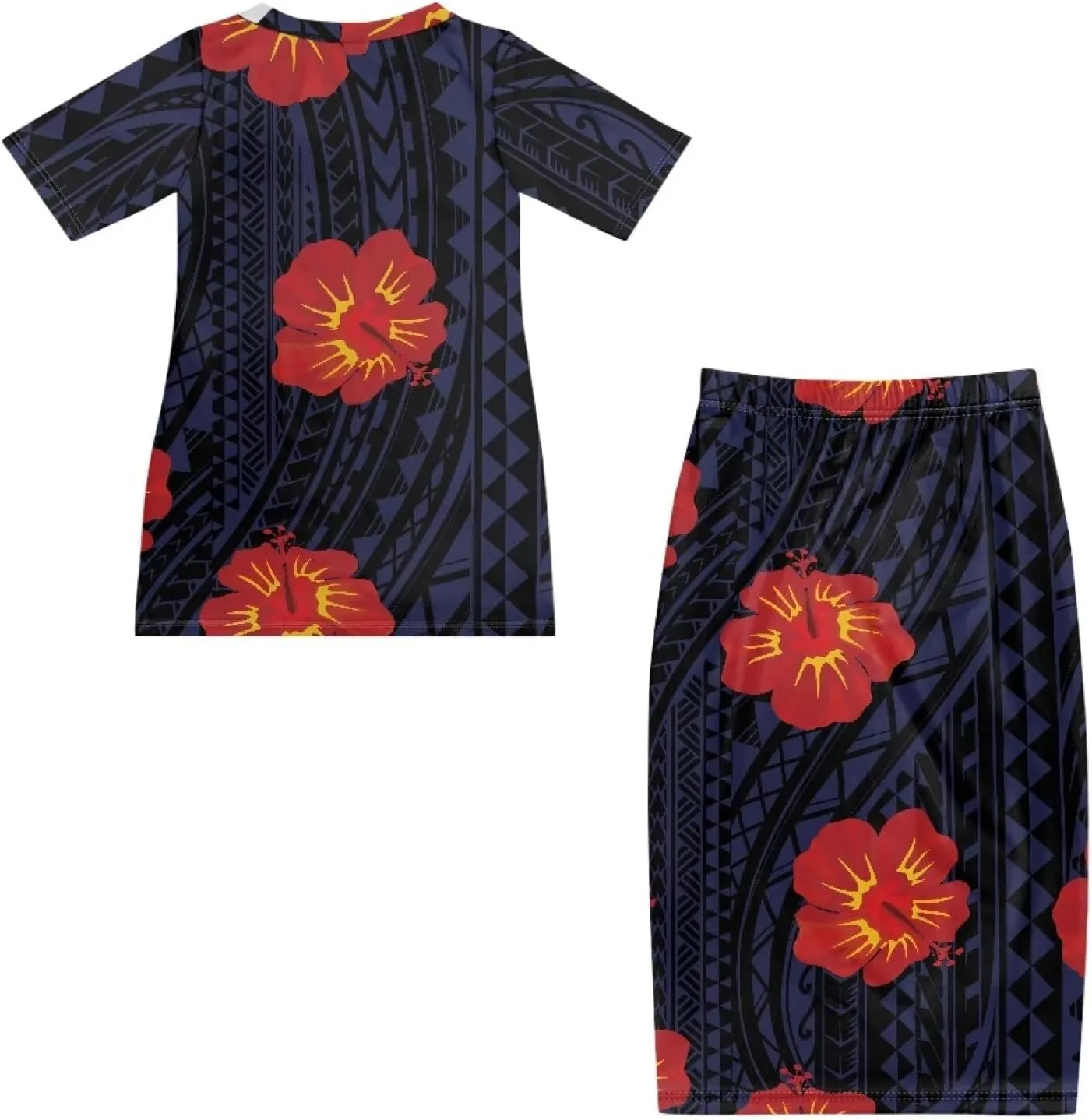 Polynesian Puletasi Samoa Womens Long Maxi Skirt Set 2 Piece Outfits Short Sleeve Top Elastic Waist Skirt Set