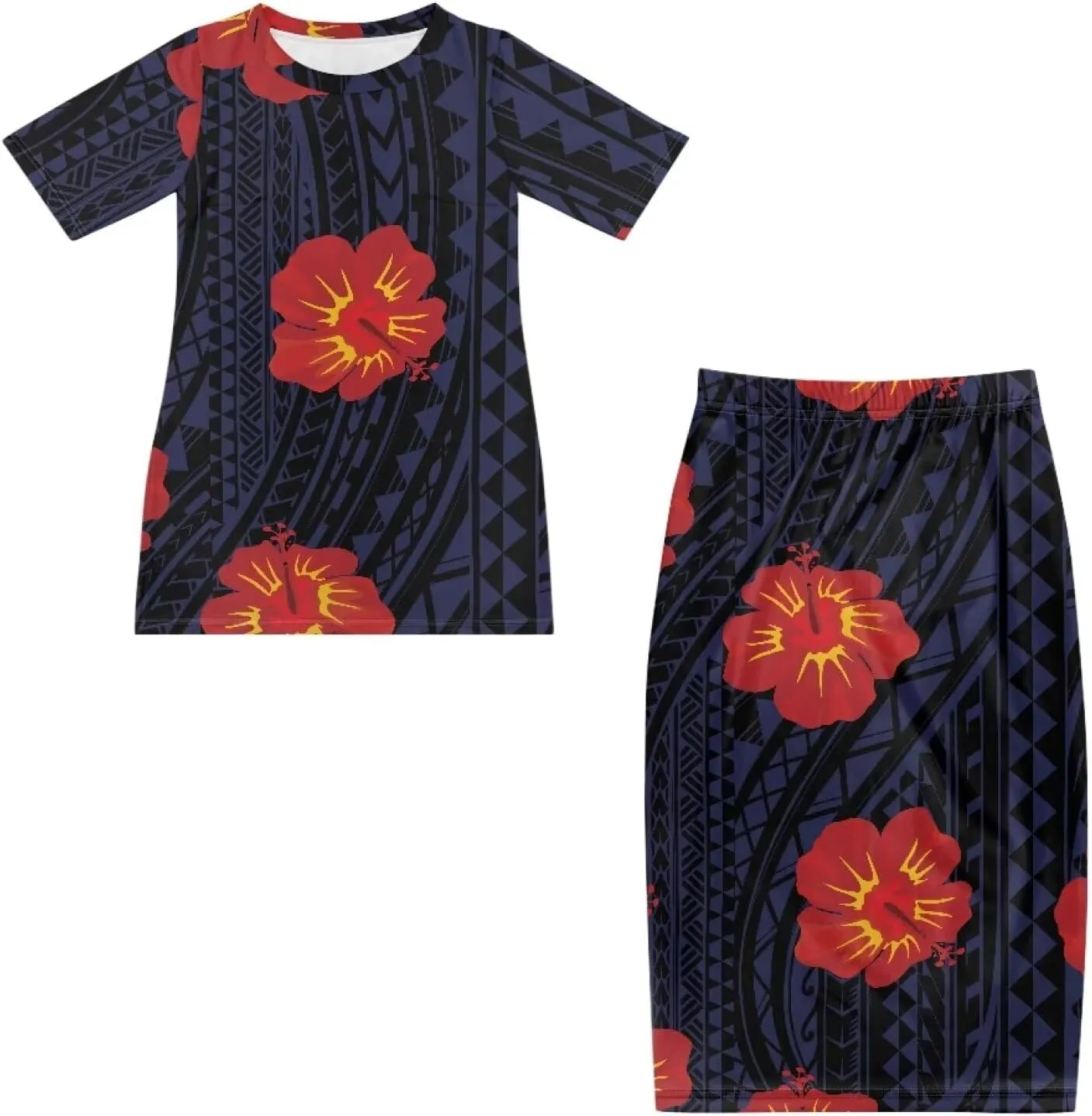 Polynesian Puletasi Samoa Womens Long Maxi Skirt Set 2 Piece Outfits Short Sleeve Top Elastic Waist Skirt Set